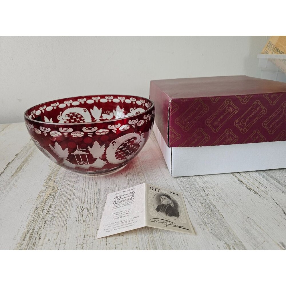 Egermann Red Ruby bowl lazure Bohemian‎ centerpiece deer scene building